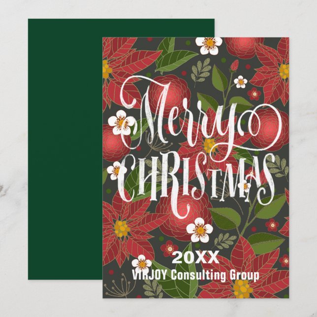 Red Poinsettia Blommigt Elegant Script Corporate Julkort (Fram/baksida)