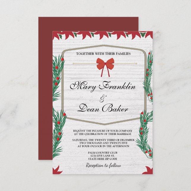 Red Poinsettia Blommigt: Jul Watercolor Bröllop Inbjudningar (Fram/baksida)
