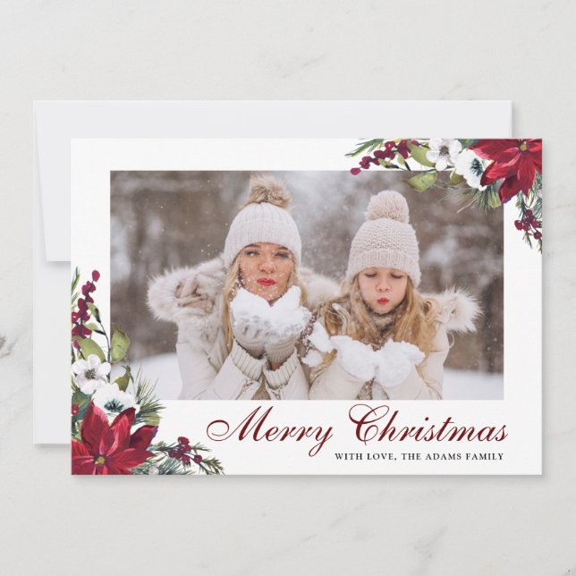 Red Poinsettia Blommigt PHOTO-julkort Tack Kort (Framsida)