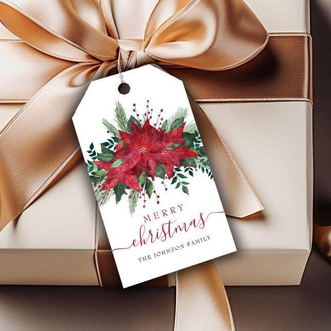 Red Poinsettia Blommigt Script-jul Presentetikett (Red Poinsettia Floral Script Christmas Gift Tags)