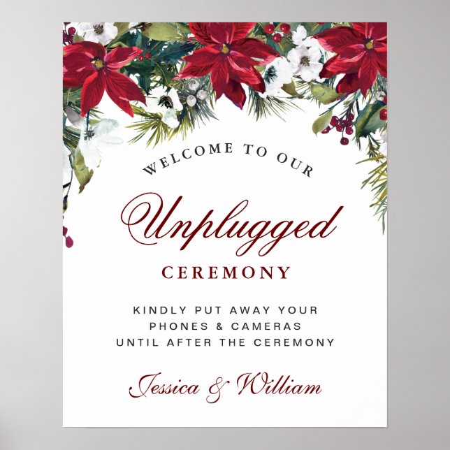 Red Poinsettia Blommigt Unplugged Ceremony Sign Poster (Framsidan)