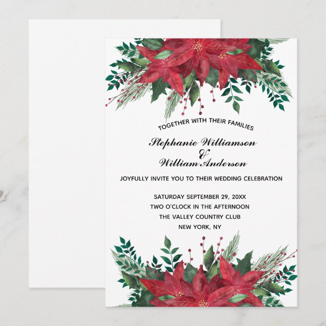 Red Poinsettia Blommigt Vinterjul Bröllop I Inbjudningar (Fram/baksida)