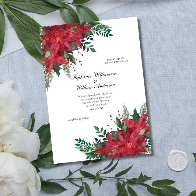 Red Poinsettia Blommigt Vinterjul Bröllop Inbjudningar (Red Poinsettia Greenery Winter Wedding Christmas Wedding Invitation. Printed or digital download)