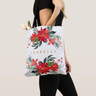 Red Poinsettia Blommigt Watercolor Bouquets Namn Tygkasse