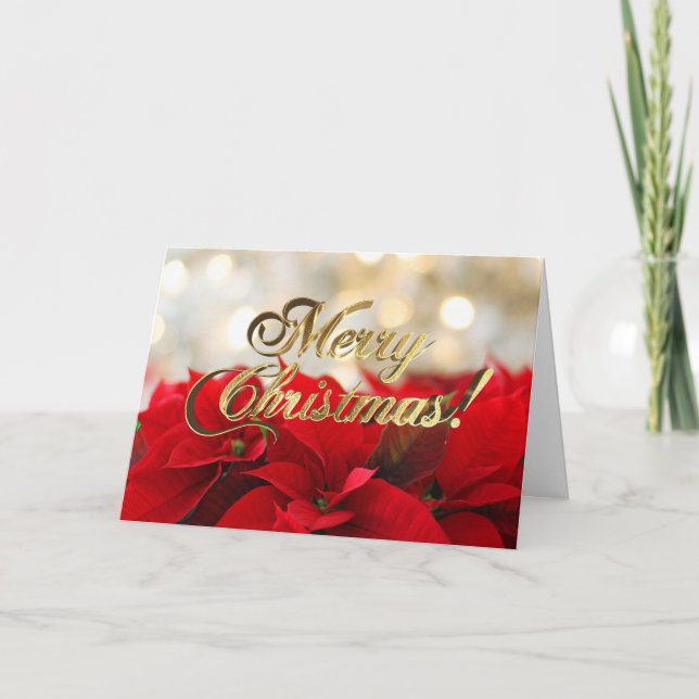 Red Poinsettia-Blommigten Julfaux-Guld-skript Helgkort (Framsida)