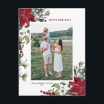 Red Poinsettia Botanical God jul Photo Hol Helg Vykort<br><div class="desc">Glad helg! Skicka ditt helgdag önskemål och hälsning till familj och vänner med det här anpassadet blommigt helgdag-fotovykortet. Den har vattenfärg ram i pinekoner,  gräs nål,  hollier,  bär och röda poinsettias. Anpassa genom att lägga till namn,  meddelande och foto. Matchande objekt är tillgängliga.</div>