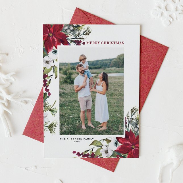 Red Poinsettia Botanical God jul Photo Julkort (Customizable photo Christmas card featuring watercolor burgundy red poinsettia and white flowers)