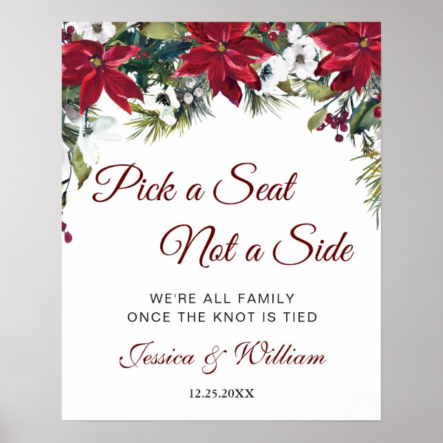 Red Poinsettia Bröllop Ceremony Seating Sign Poster (Framsidan)