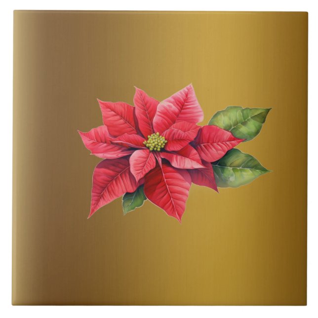 Red Poinsettia Brushed guld färg Kakelplatta (Framsidan)