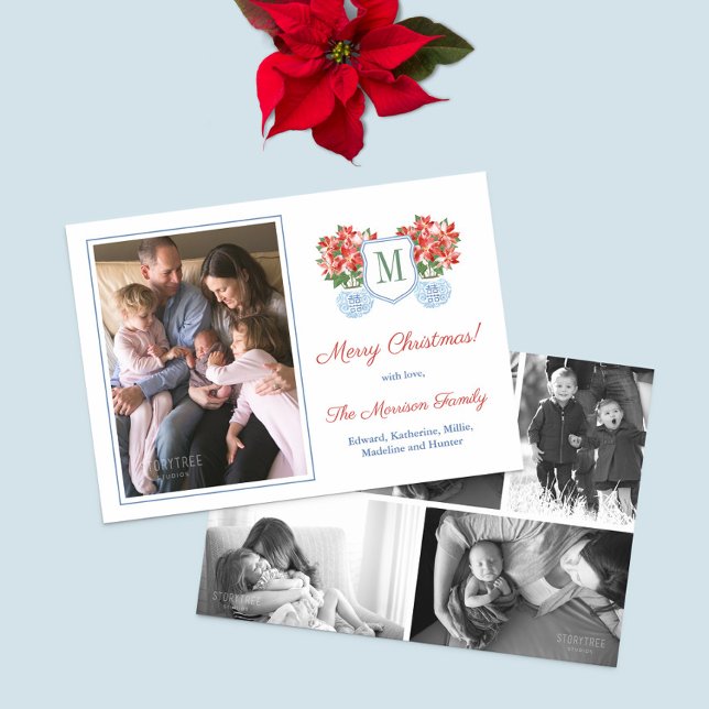 Red Poinsettia Chinoiserie Photo Collage jul Julkort (Chinoiserie Chic Red Poinsettia Monogram Family Photo Christmas Holidays Card)