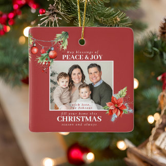 Red Poinsettia Christmas Family Photo Julgransprydnad Keramik