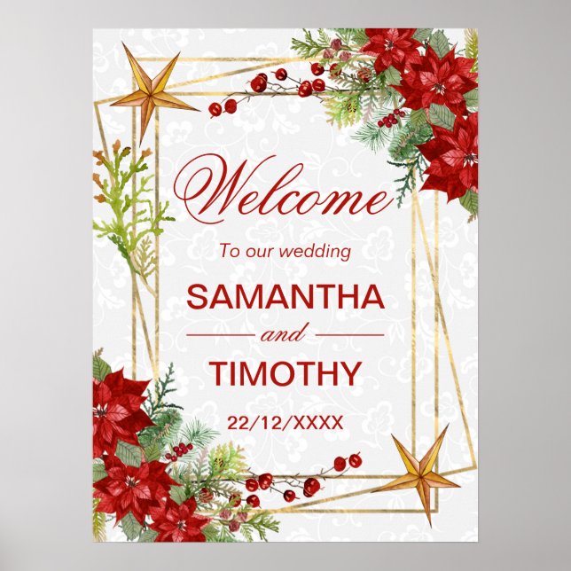 Red Poinsettia Christmas Wedding Welcome Sign Poster (Framsidan)