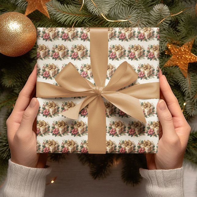 Red Poinsettia Coquette Guld Bow jul Presentpapper (Skapare uppladdad)
