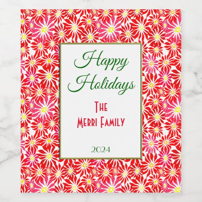 Red Poinsettia Flowers Helgdag Vin Flaska etikett (Singel etikett)