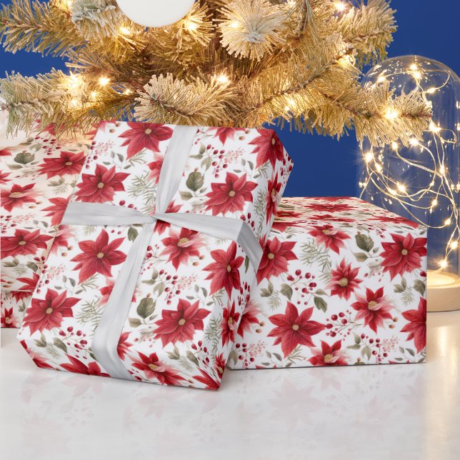 Red Poinsettia Flowers jul Berries Helgdag Presentpapper (Helgdagar)