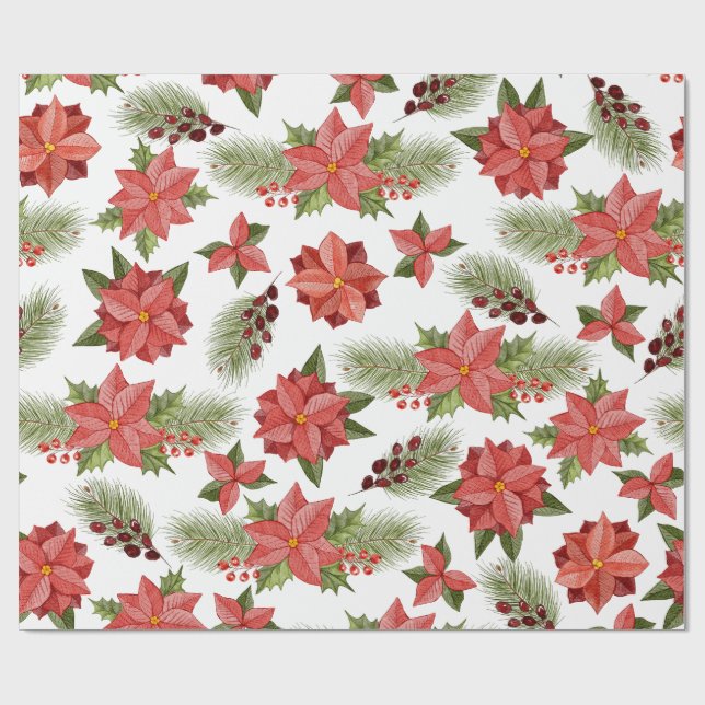 Red Poinsettia Flowers och Holly Berries Presentpapper (Platt)
