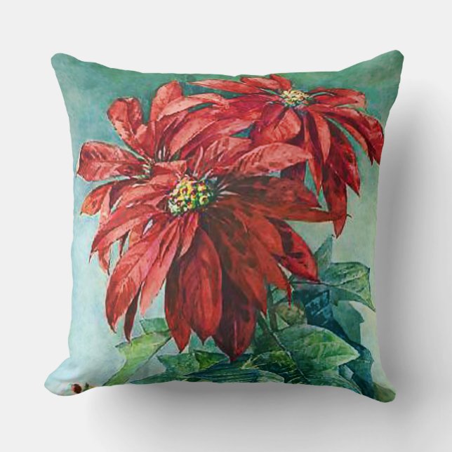 Red Poinsettia Flowers Vintage Kudde (Framsida)