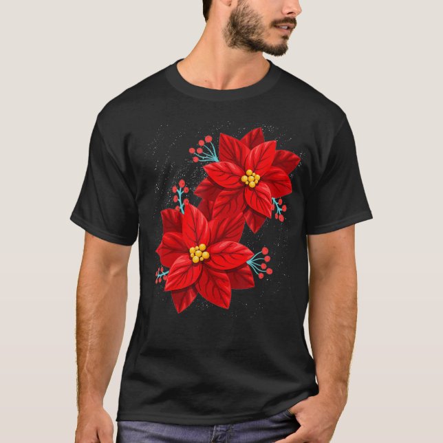 Red Poinsettia God jul Flower Lycklig Julafton T Shirt (Framsida)