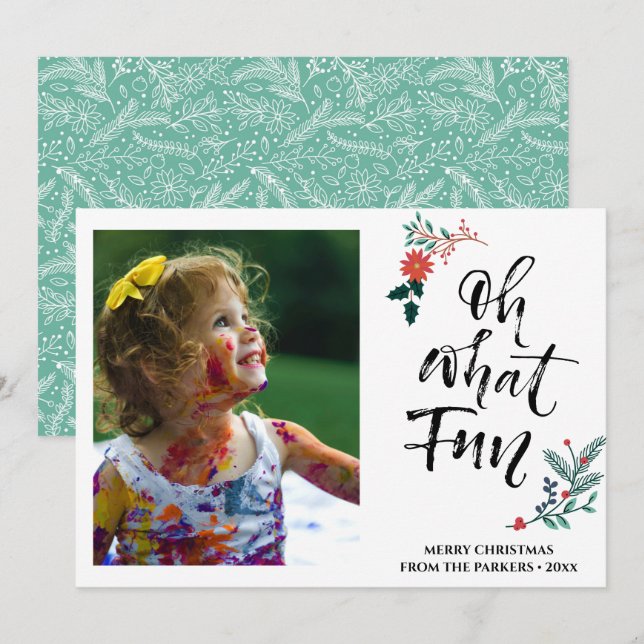 Red Poinsettia Gräs Bough Roligt Script OH What Ro Julkort (Fram/baksida)