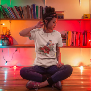 Red Poinsettia Gräs Cone Bird God jul T Shirt