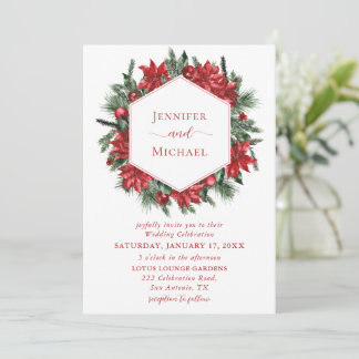 Red Poinsettia Gräs Greenery Wandey White Bröllop Inbjudningar