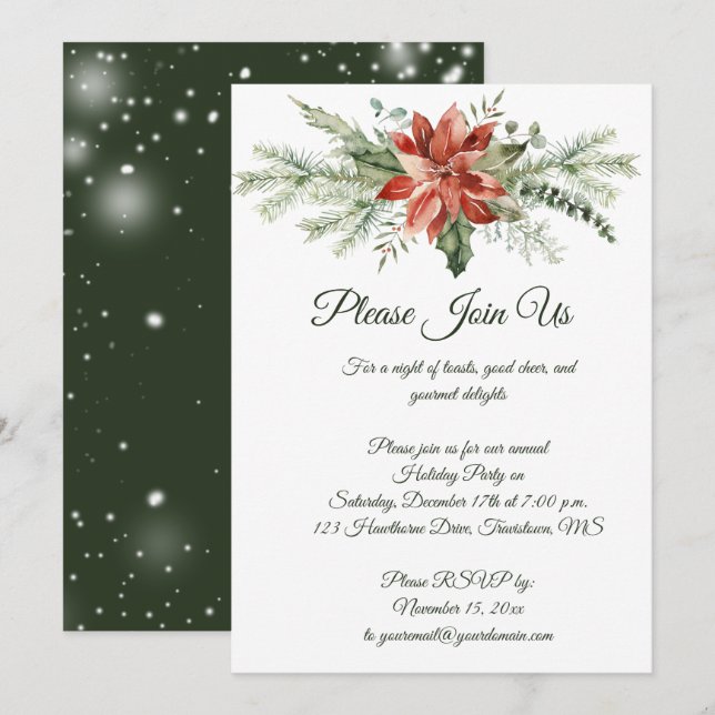 Red Poinsettia Gräs Snöflingor jul Party Inv. Inbjudningar (Fram/baksida)