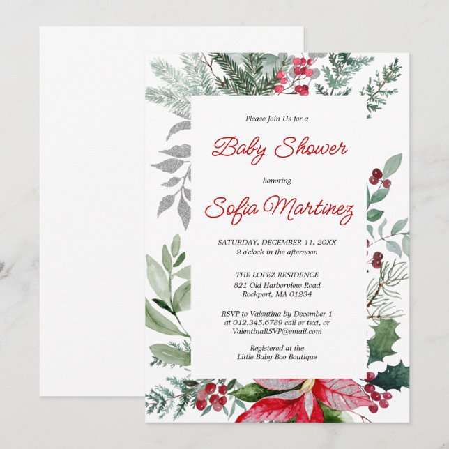 Red Poinsettia Greenery jul Baby Shower Inbjudningar (Fram/baksida)