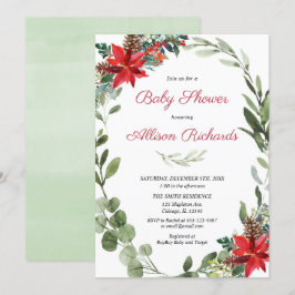 Red poinsettia greenery jul-babydusch inbjudningar