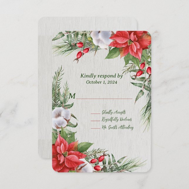 Red Poinsettia Grönt Löv Bröllop OSA Kort (Fram/baksida)