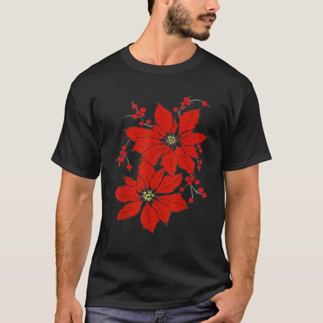 Red Poinsettia Happy Merry Christmas   T Shirt (Framsida)