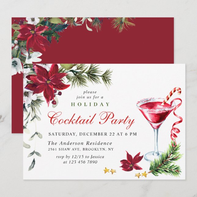 Red Poinsettia Helgdag jul Cocktail Party Inbjudningar (Fram/baksida)