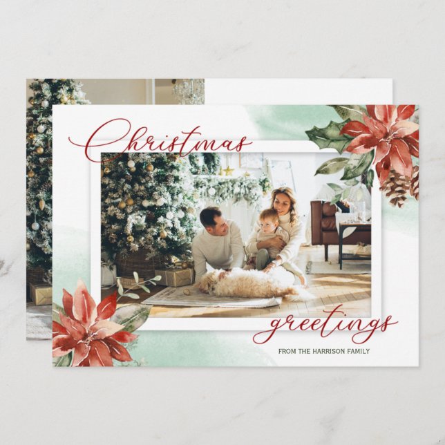 Red Poinsettia Holly 2 Photo jul Card (Fram/baksida)