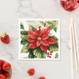 Red Poinsettia Holly Berries Jul Helgdag Pappersservett