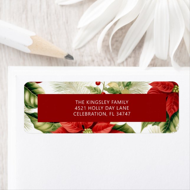 Red Poinsettia Holly Berry Classic jul Returadress Etikett (Insitu)