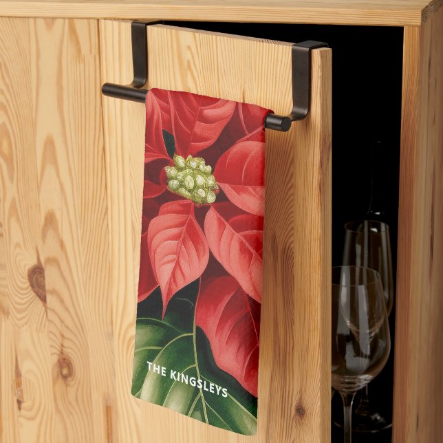 Red Poinsettia Holly jul Floral Personalized Kökshandduk (Thirds Fold)