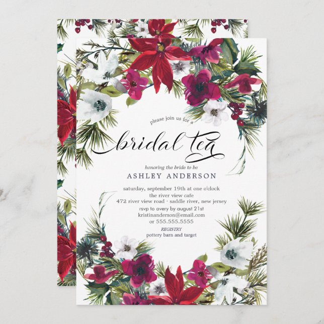 Red Poinsettia Holly Möhippa Möhippa Tea Inbjudningar (Fram/baksida)