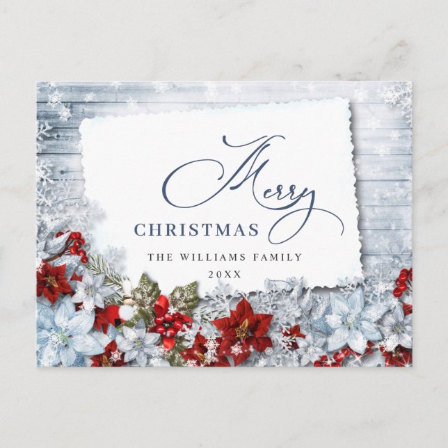 Red Poinsettia Holly Rustic jul Hälsning Pos Vykort (Framsida)