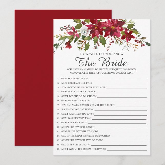 Red Poinsettia... hur bra vet du att Bride Game? Inbjudningar (Fram/baksida)