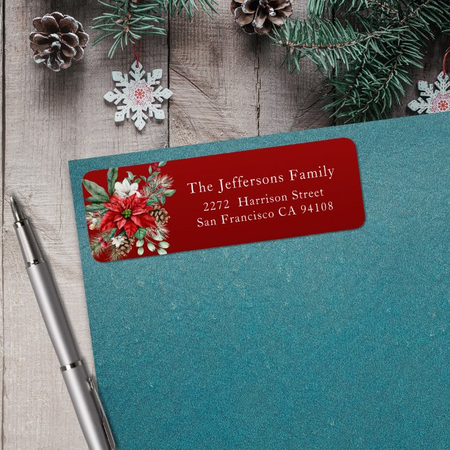 Red Poinsettia jul Adress Returadress Etikett (Red Poinsettia Christmas Address Label)