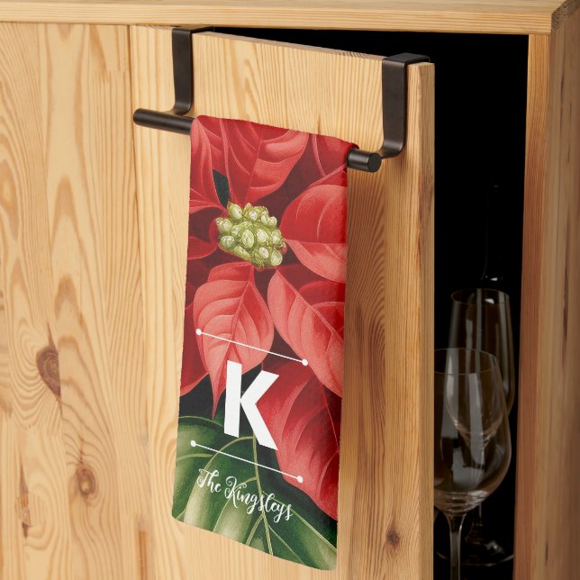 Red Poinsettia jul - anpassad monogram Kökshandduk (Thirds Fold)