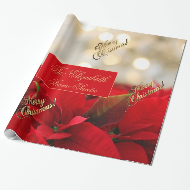 Red Poinsettia Jul Blommigt Faux Guld skript Presentpapper (Utrullad)
