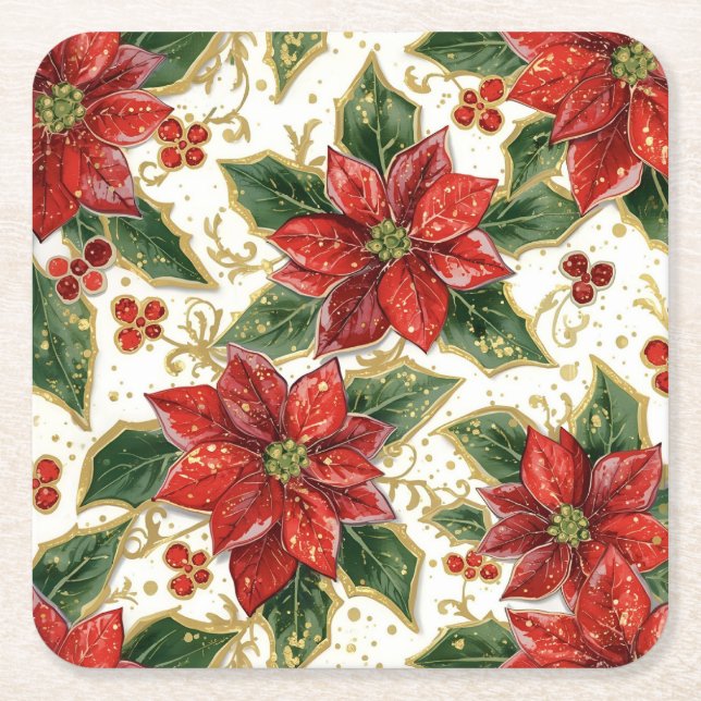 Red Poinsettia jul Flowers Underlägg Papper Kvadrat (Framsidan)