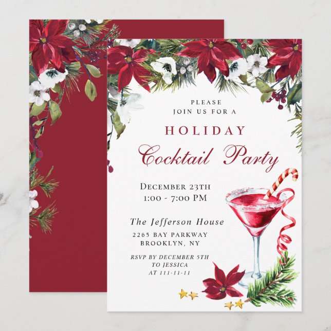 Red Poinsettia jul Helgdag Cocktail Party Inbjudningar (Fram/baksida)