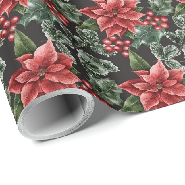 Red Poinsettia Jul Wrapping Papper Presentpapper (Rullad Hörn)