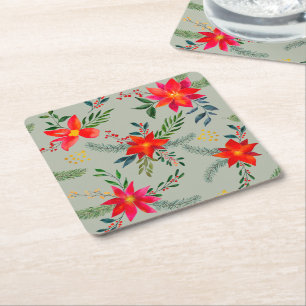 Red Poinsettia-julets Blommigt Underlägg Papper Kvadrat