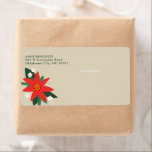 Red Poinsettia jultomte Helgdag Shipping Label Fraktsedel<br><div class="desc">Gör det enklare att skicka ut helgdag med den här festliga fraktetiketten med din returadress på en varm grå bakgrund med fet röd poinsettia,  grönt gräs grenar,  löv och söta små vita blommar under en paket men med traditionell julmotiv.</div>