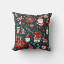 Red Poinsettia, Jultomten, Bird, Bauble, Snögubbe Kudde