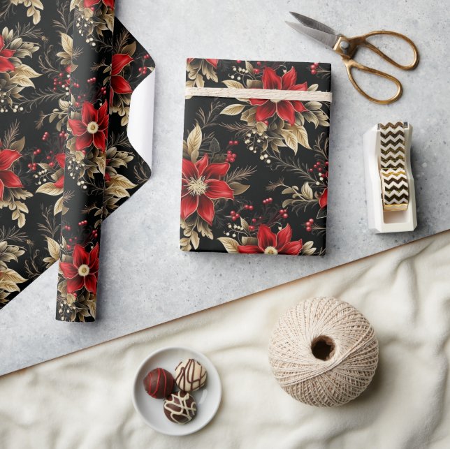 Red Poinsettia Luxury Mönster Gift Presentpapper (Hantverk)