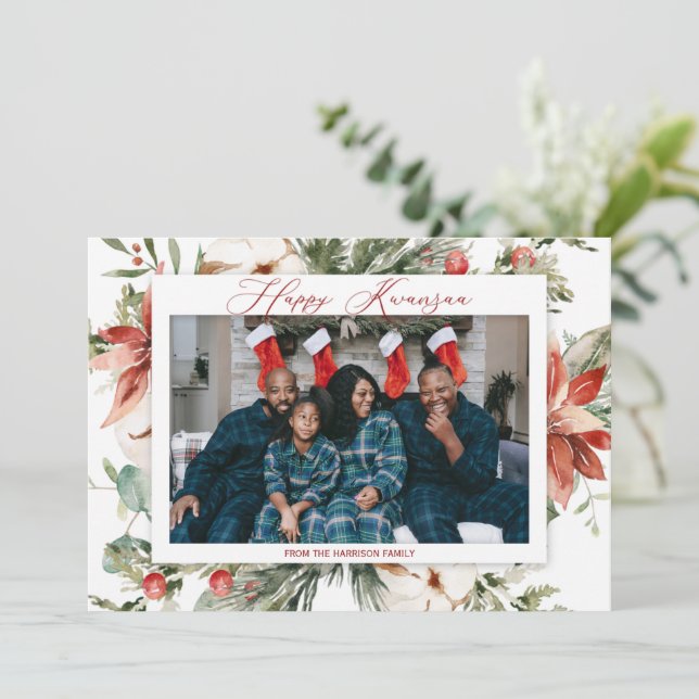 Red Poinsettia Lycklig Kwanzaa 2 Fotojul (Stående Fram)