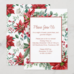 Red Poinsettia, Mistletoe, Berries God Jul Party Inbjudningar